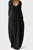 Black Autumn Winter Pure Color Sexy V Neck Long Sleeve Long Dress XQ1137-3