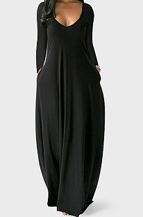 Black Autumn Winter Pure Color Sexy V Neck Long Sleeve Long Dress XQ1137-3