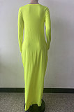 Yellow Autumn Winter Pure Color Sexy V Neck Long Sleeve Long Dress XQ1137-2