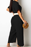 Wine Red Casual Solid Color Lapel Collar Single-Breasted Short Sleeve Wide Leg Jumpsuits TRS1169-4