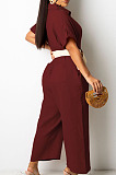 Black Casual Solid Color Lapel Collar Single-Breasted Short Sleeve Wide Leg Jumpsuits TRS1169-2
