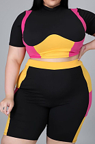 Black Plus Size Women Contrast Color Print O Neck Short Sleeve T-Shirt High Waist Shorts Sport Sets XUY9108-3