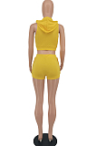 Yellow Cotton Blend New Sleeveless Dew Crop Zipper Hoodie High Waist Shorts Sport Sets XMY071-4