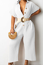 White Casual Solid Color Lapel Collar Single-Breasted Short Sleeve Wide Leg Jumpsuits TRS1169-1