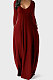 Wine Red Autumn Winter Pure Color Sexy V Neck Long Sleeve Long Dress XQ1137-5