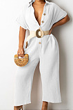 Pink Casual Solid Color Lapel Collar Single-Breasted Short Sleeve Wide Leg Jumpsuits TRS1169-3