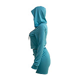 Sky Blue Women Solid Color Blouse Sport Casual Zipper Shorts Sets XQ1140-5