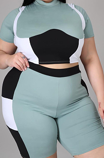Green Plus Size Women Contrast Color Print O Neck Short Sleeve T-Shirt High Waist Shorts Sport Sets XUY9108-2