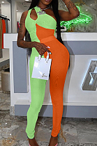 Green Orange Personality Oblique Shoulder Hollow Out Spliced Bodycon Jumpsuits XMY070-4