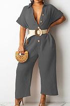Grey Casual Solid Color Lapel Collar Single-Breasted Short Sleeve Wide Leg Jumpsuits TRS1169-5