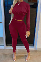 Wine Red Women Autumn Winter Casual Sport Solid Color Collect Waist Pants Sets SDD9361-3