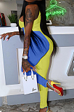 Yellow Blue Personality Oblique Shoulder Hollow Out Spliced Bodycon Jumpsuits XMY070-1