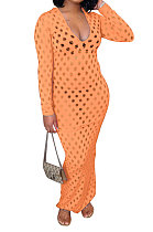 Orange Women Long Sleeve Sexy V Neck Club Hole Long Dress FMM2057-4