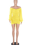 Black Women Off Shoulder Long Sleeve Loose Solid Color Shirred Detail Mini Dress FMM2065-4