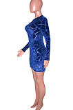 Blue Women Hollow Out Sexy Zipper Long Sleeve Mini Dress SN390161-1