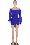 Blue Women Off Shoulder Long Sleeve Loose Solid Color Shirred Detail Mini Dress FMM2065-5