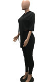 Black Women Fashion Casual Pure Color Personality Blouse Hooded Long Panst Sets MR2101-5