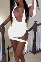 White New PU+Mesh Spliced Low-Cut Long Sleeve Bandage Sexy Mini Dress BN9293-2