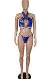 Blue Women Printing Halter Neck Hollow Out Two Pieces Swimsuits SH7271-1