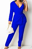 Yellow Fashion One Sleeve Chain Long Sleeve V Neck Belt Long Pants Suit Two-Piece BS1283-4