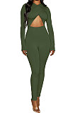 Army Green Long Sleeve Sexy Tight Club High Waist Solid WaistBodycon Jumpsuits FMM2062-3