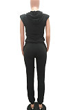 Black Women Trendy Casual Solid Color Shoulder Pads Sleeveless Pants Sets MR2114-1
