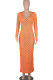 Orange Women Long Sleeve Sexy V Neck Club Hole Long Dress FMM2057-4