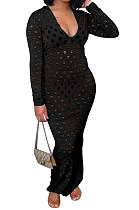 Black Women Long Sleeve Sexy V Neck Club Hole Long Dress FMM2057-3