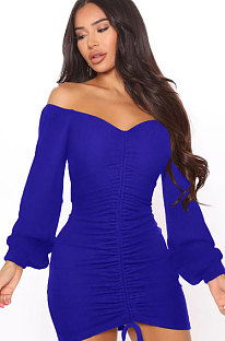 Blue Women Off Shoulder Long Sleeve Loose Solid Color Shirred Detail Mini Dress FMM2065-5