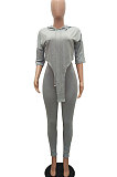 Gray Women Fashion Casual Pure Color Personality Blouse Hooded Long Panst Sets MR2101-4
