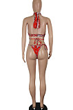 Red Women Printing Halter Neck Hollow Out Two Pieces Swimsuits SH7271-2