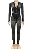 Black Hot Drilling Fashion Long Sleeve V Neck Long Pants Sets XZ5206-1