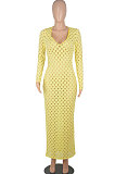 Yellow Women Long Sleeve Sexy V Neck Club Hole Long Dress FMM2057-2