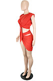 Red Womne Sexy Club Pure Color Shirred Detail Skirts Sets SH7274-2