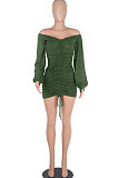 Army Green Women Off Shoulder Long Sleeve Loose Solid Color Shirred Detail Mini Dress FMM2065-6