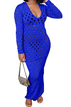 Blue Women Long Sleeve Sexy V Neck Club Hole Long Dress FMM2057-1