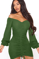 Army Green Women Off Shoulder Long Sleeve Loose Solid Color Shirred Detail Mini Dress FMM2065-6