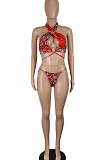 Red Women Printing Halter Neck Hollow Out Two Pieces Swimsuits SH7271-2