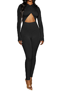 Black Long Sleeve Sexy Tight Club High Waist Solid WaistBodycon Jumpsuits FMM2062-1