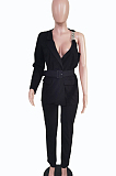 Black Fashion One Sleeve Chain Long Sleeve V Neck Belt Long Pants Suit Two-Piece BS1283-3