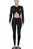Wine Red Long Sleeve Sexy Tight Club High Waist Solid WaistBodycon Jumpsuits FMM2062-2