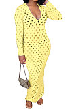 Yellow Women Long Sleeve Sexy V Neck Club Hole Long Dress FMM2057-2