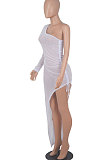 White Euramerican Women Sexy Bodycon Club Long Sleeve Split Long Dress FMM2058-1