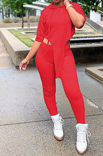 Red Women Fashion Casual Pure Color Personality Blouse Hooded Long Panst Sets MR2101-3