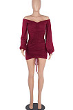 Wine Red Women Off Shoulder Long Sleeve Loose Solid Color Shirred Detail Mini Dress FMM2065-3