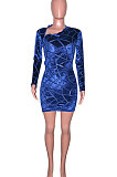 Blue Women Hollow Out Sexy Zipper Long Sleeve Mini Dress SN390161-1