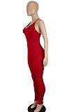 Red Women Sexy Backless Solid Color Club Condole Belt Bodycon Jumpsuits SH7275-2