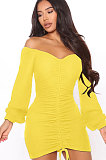 Yellow Women Off Shoulder Long Sleeve Loose Solid Color Shirred Detail Mini Dress FMM2065-2