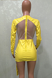 Yellow New PU+Mesh Spliced Low-Cut Long Sleeve Bandage Sexy Mini Dress BN9293-1