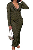 Black Women Long Sleeve Sexy V Neck Club Hole Long Dress FMM2057-3